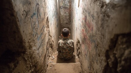 A solitary child sits on steps, enveloped by the shadows of an abandoned corridor.