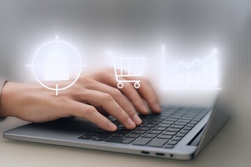 E-commerce Strategy: Laptop with Target Audience, Shopping Cart, and Growth Chart Overlay for Online Business Success