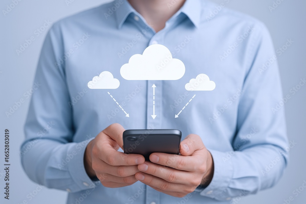Poster cloud computing data transfer: man using smartphone connected to cloud services for seamless data ma