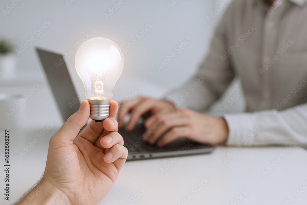 Poster man holds illuminated lightbulb while typing on laptop, symbolizing new ideas and innovation at work