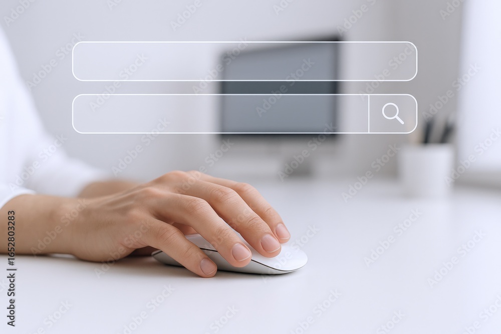 Poster hands using computer mouse with search bar overlayed, representing online search and information ret
