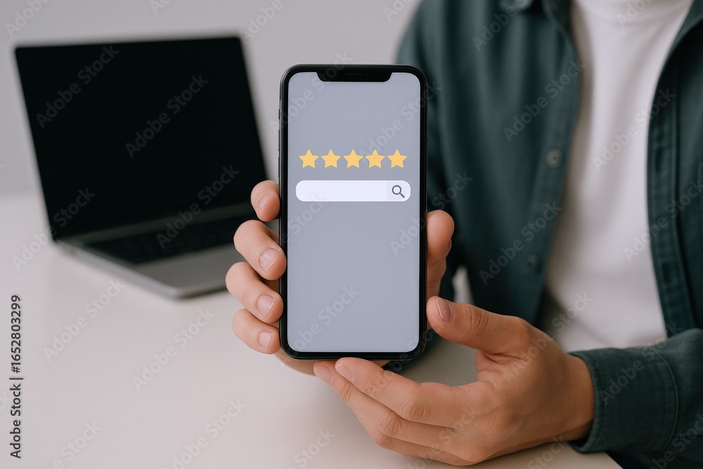 Poster Smartphone display with a five star rating system and person showing it close up