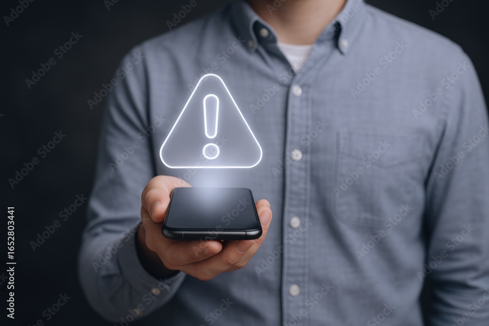 Poster man holding smartphone with exclamation mark triangle alert notification, concept of online security