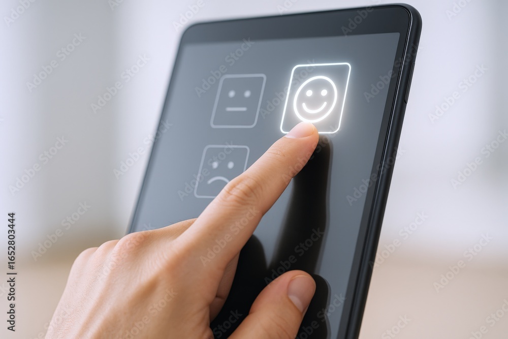 Poster customer feedback interface on tablet display with hand selecting positive emotion for satisfaction 