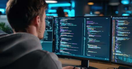 Software Developer Coding on Multiple Monitors, Focused on Cybersecurity and Application Development in Modern Office