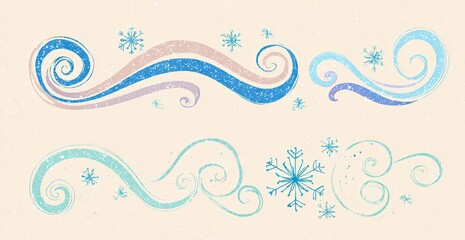 Winter swirls and snowflakes. Pastel colored hand-drawn elements