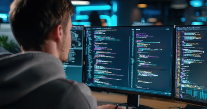 Software Developer Coding on Multiple Monitors, Focused on Cybersecurity and Application Development in Modern Office