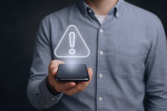 Man Holding Smartphone with Exclamation Mark Triangle Alert Notification, Concept of Online Security and Data Privacy