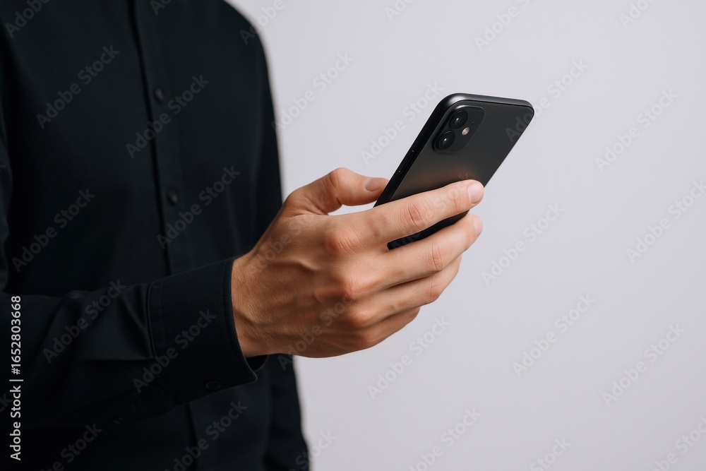 Poster man using smartphone: business professional holding and interacting with mobile device for communica