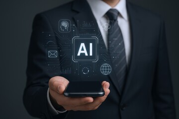Businessman Presenting AI Technology on Mobile Phone, Future of Artificial Intelligence in Business