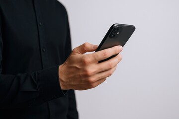 Man Using Smartphone: Business Professional Holding and Interacting with Mobile Device for Communication and Productivity