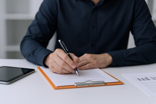 Man signing contract or document on a clipboard at the office desk, business paperwork