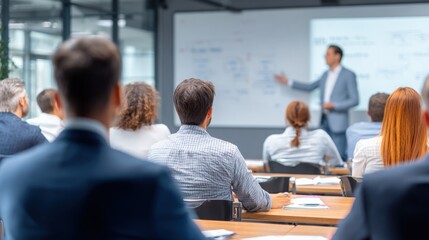 Business Conference Attendees Listening to Presentation on Whiteboard, Back View, Corporate Training Session