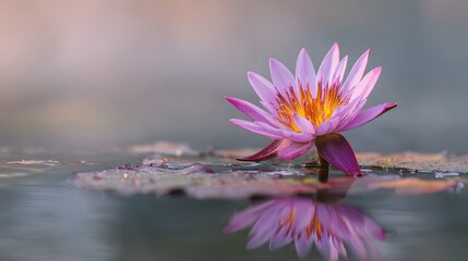 A serene, delicate pink lotus blossom rests gracefully on tranquil water, its reflection mirroring the beauty of nature.