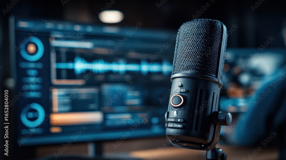 Poster professional microphone setup for podcast recording and audio production with editing software inter