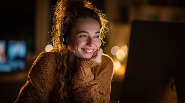Smiling Woman with Headset Working from Home at Night, Illuminated by Computer Screen