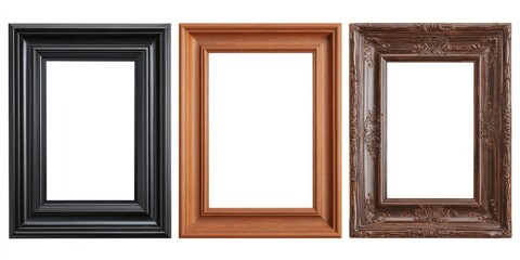 Three empty picture frames in black, brown, and dark brown