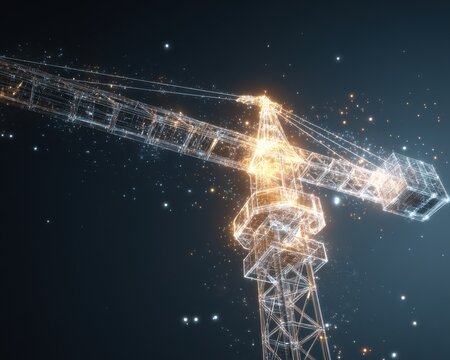 Digital Construction Crane Structure Glowing with Futuristic Technology Particles