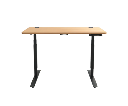 Sleek modern adjustable height desk with natural wood finish and black metal legs enhances any workspace