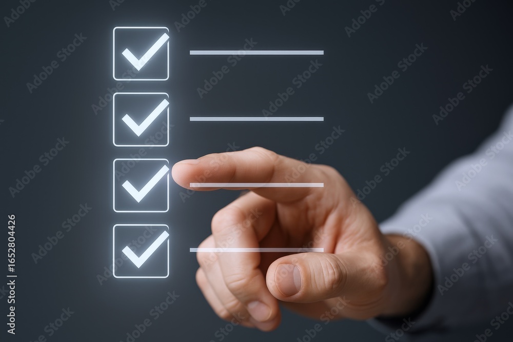 Aufkleber interactive checklist concept: man's hand tapping glowing checkbox on a digital interface with lines