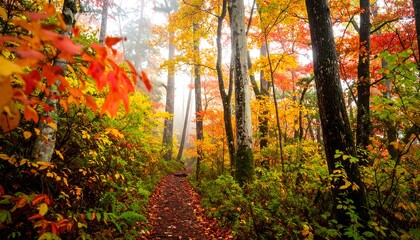 Autumn forest path in misty light