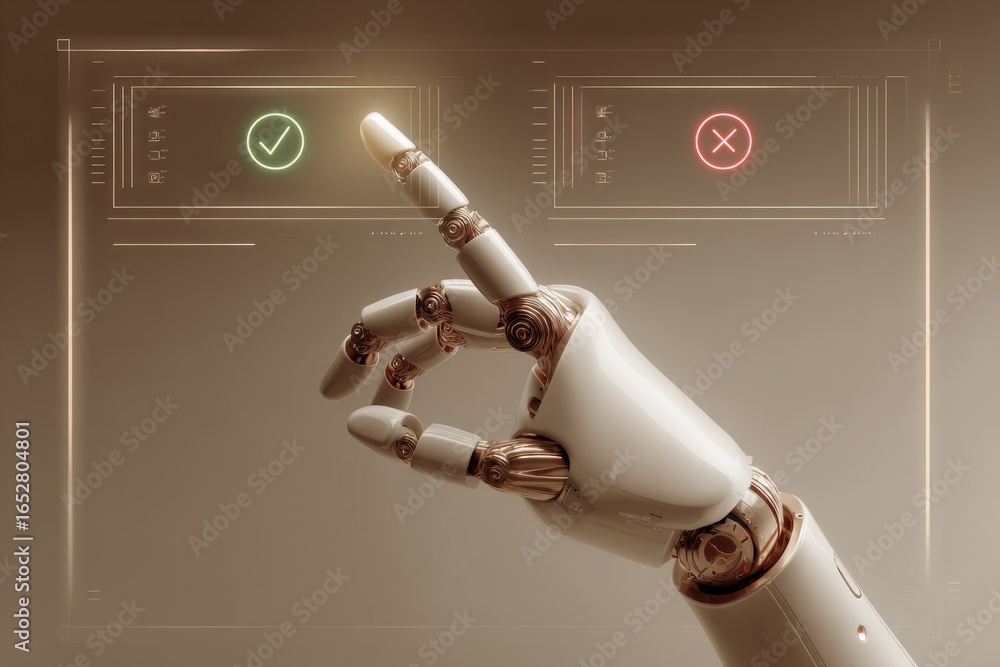 Poster robotic hand interacting with virtual interface displaying approval and rejection symbols, signifyin