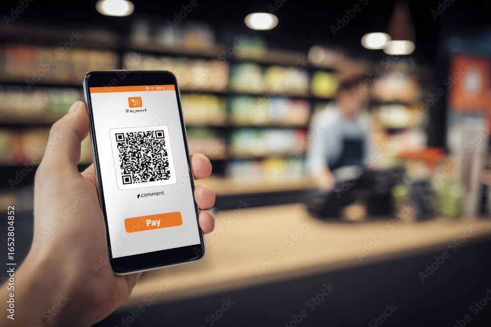 Poster mobile payment technology: hand holding smartphone displaying qr code for contactless transaction at