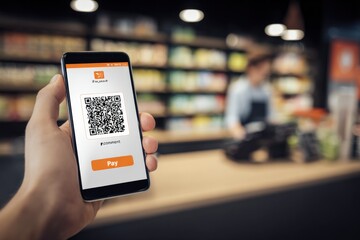 Mobile Payment Technology: Hand Holding Smartphone Displaying QR Code for Contactless Transaction at Retail Store