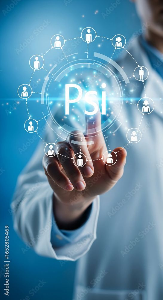 Poster hand interacting with digital interface, showing psi symbol surrounded by network icons, representin