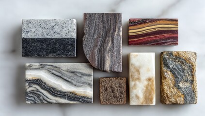 Assorted stone samples, various colors and patterns, displayed on a white marble surface