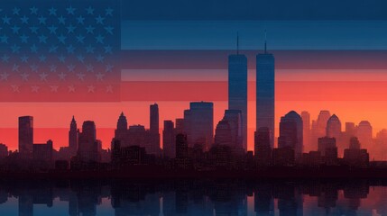 High quality photo of new york city skyline with american flag and twin towers.