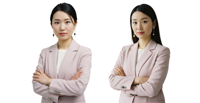 Two professionally dressed young Asian women with their arms crossed, isolated on transparent cutout background, cut out, png