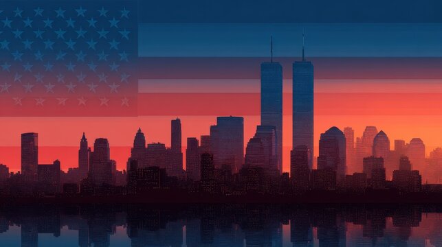 High quality photo of new york city skyline with american flag and twin towers.