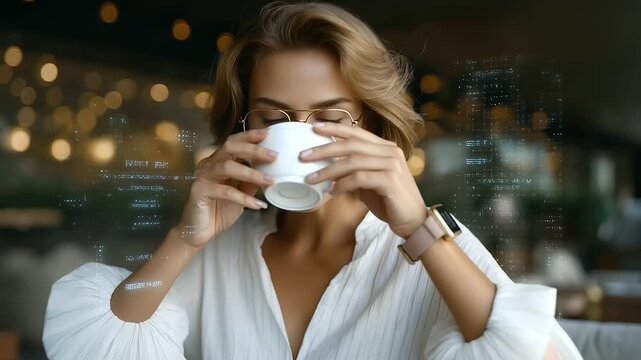 A confident businesswoman in her 30s sits alone in a modern café lounge, sipping coffee while interacting with a transparent augmented reality screen projected from her smartwatch