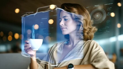 A confident businesswoman in her 30s sits alone in a modern café lounge, sipping coffee while interacting with a transparent augmented reality screen projected from her smartwatch