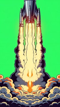 Rocket Launch Dynamic Comic Book Style Fiery Blast Off Vertical Composition Space Exploration Aspiration