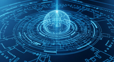 Blue glowing sphere in a circular digital circuit, showcasing technological advancement and global connectivity, ideal for tech or futuristic concepts