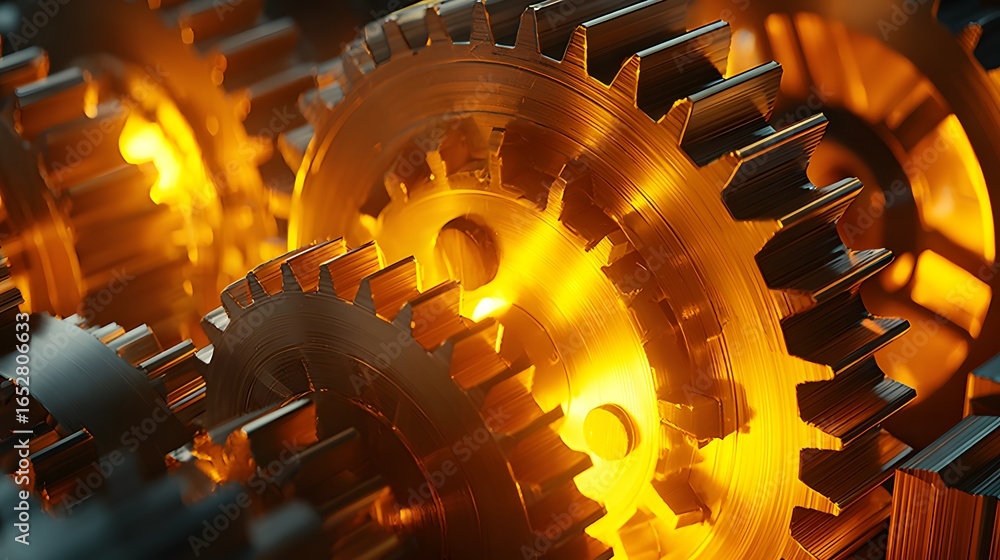 Poster close-up view of intricate gears, gleaming with an inner golden light, showcasing precision and mech