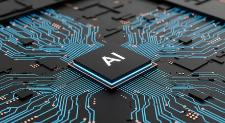Close-up of AI chip on circuit board, showcasing glowing blue lines, symbolizing artificial intelligence and technological advancement