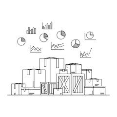 Vector image suitable for product stock or supply chain management, featuring stacks of boxes and various types of data graphs. These graphs symbolize stock, data analysis, and stock management.