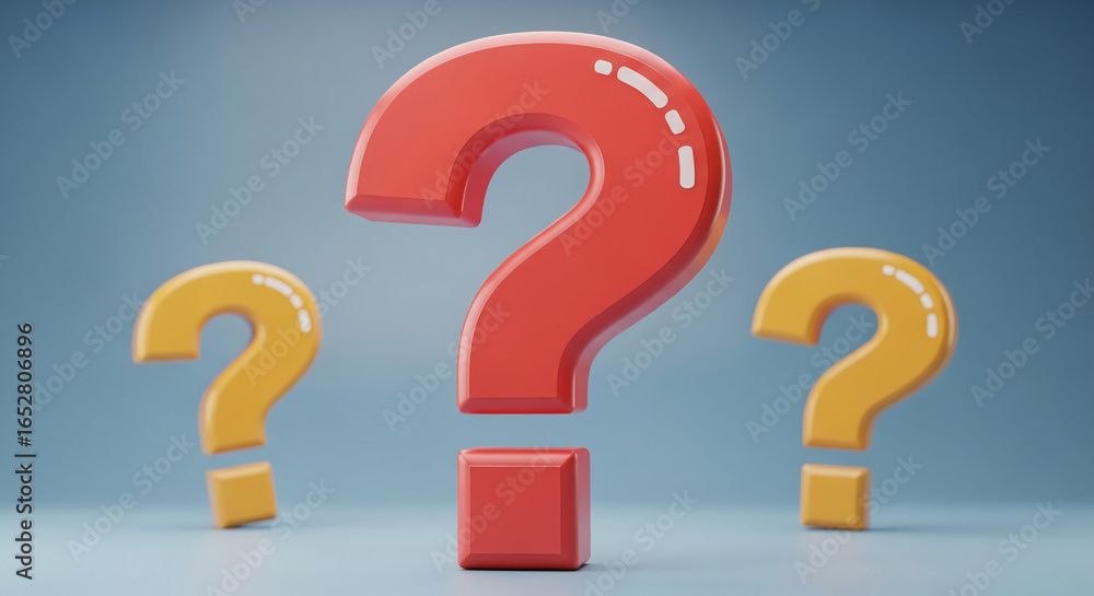 Poster three dimensional red and yellow question marks on blue background, showcasing inquiry, uncertainty,