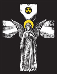 Vector banner with angel, christian cross and radiation hazard. Theme of urbanism, nuclear war, apocalypse and religion. T-shirt design, tattoo, poster, music or book cover. No AI used