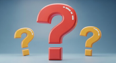 Three dimensional red and yellow question marks on blue background, showcasing inquiry, uncertainty, and problem-solving concepts
