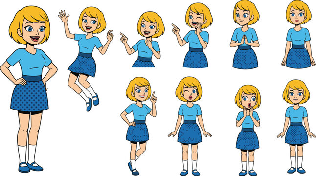 Cartoon blonde girl character set, cheerful young woman with blue dress, happy smiling faces, surprised emotions, multiple poses, female expressions, cute girl clipart, vector illustrations
