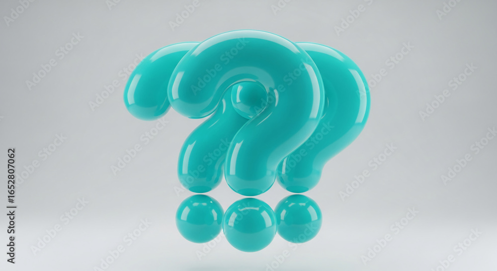 Aufkleber aqua-colored, glossy question marks, three-dimensional, float above smaller spheres, creating a curi
