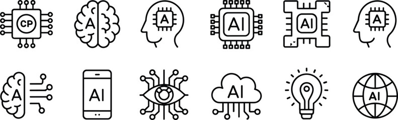 Artificial intelligence icons set, AI chip, brain technology, machine learning symbols, neural network, cloud computing, innovation, smart idea, digital transformation, flat vector illustration