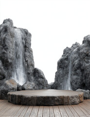 Natural rock stage with waterfalls inspires serene product showcases and creative scene settings.