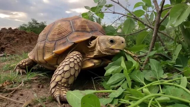 A large land turtle is eating fresh leaves.