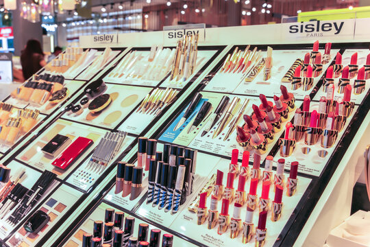 Almaty, Kazakhstan - July 14, 2025: Sisley showcase with makeup sets