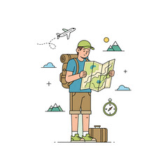 Cute Cartoon Male Traveler with Backpack and Map Illustration